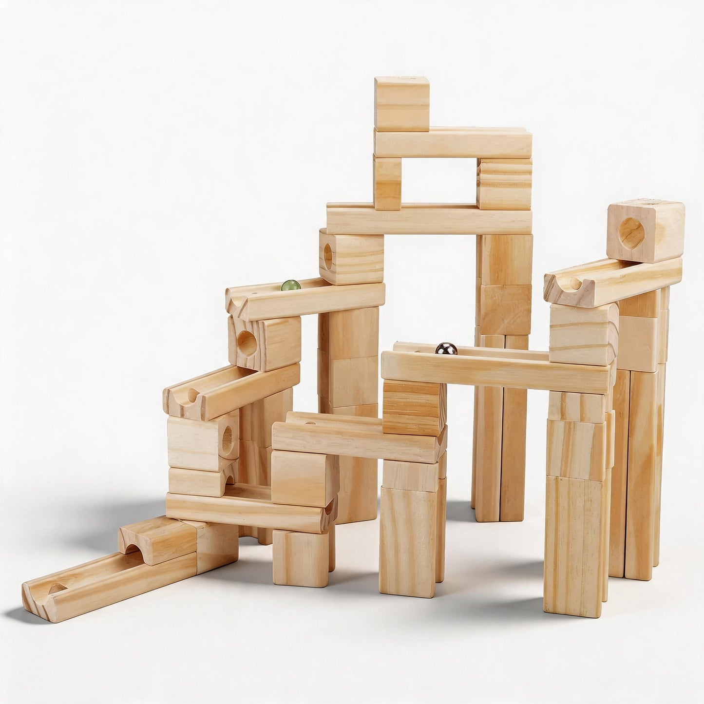 Montessori Murmelbahn aus Kiefernholz mit 60 Teilen als freie 3D-Konstruktion