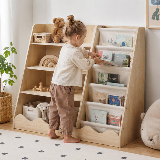 Kinderregal mit den Maßen 90 x 40 x 80 cm im Größenvergleich mit einem 92 cm großen Kind
