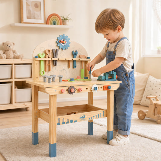 Holz-Werkbank für Kinder mit Werkzeugset, Zahnrädern und Schraubteilen