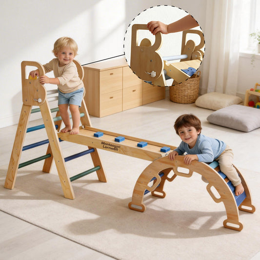 Montessori Kletterset Holz – Klappbares Dreieck & Bogenrampe