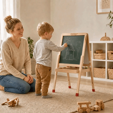 Kind nutzt Montessori Staffelei aus Holz beim kreativen Malen mit Eltern