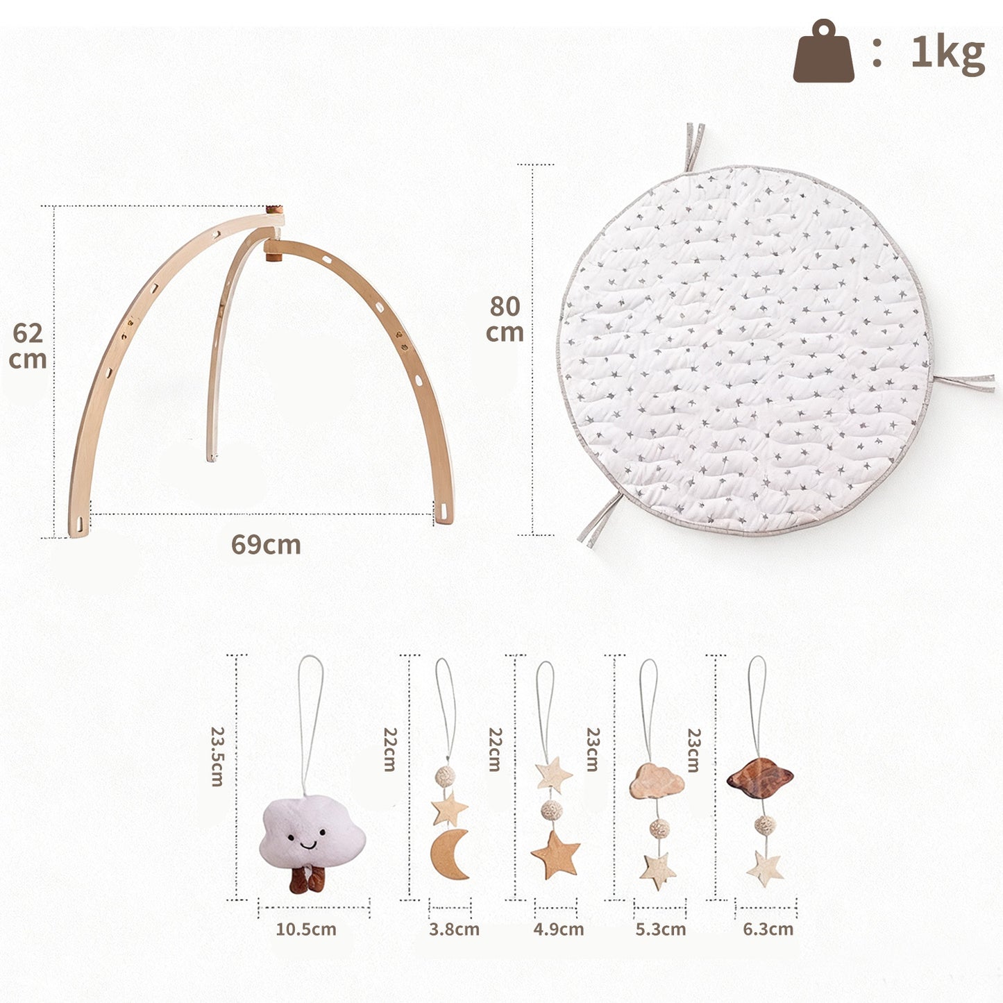 Holz Baby Gym mit Spielmatte – mit 5 Anhängern