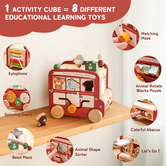 Montessori 8-in-1 Busy Bus – Aktivitätswürfel aus Holz - Rot