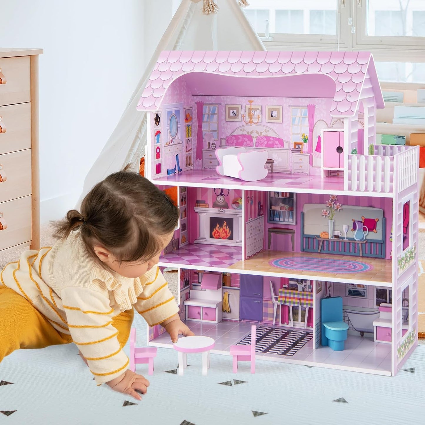 Großes buntes Puppenhaus 3 Etagen Kinder Spielhaus offen