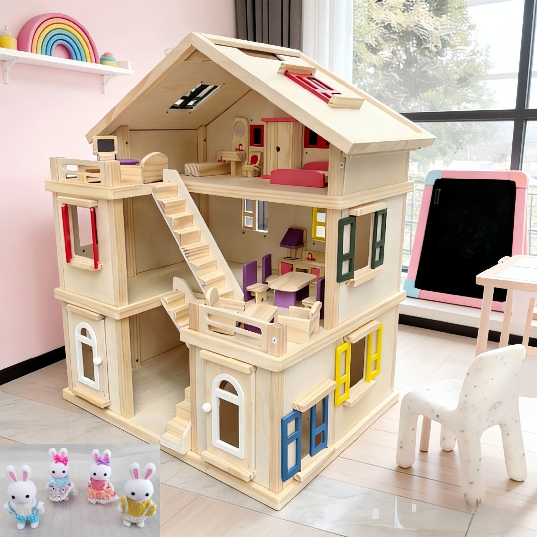 Großes Holz Puppenhaus 3 Etagen mit Möbeln für Kinder
