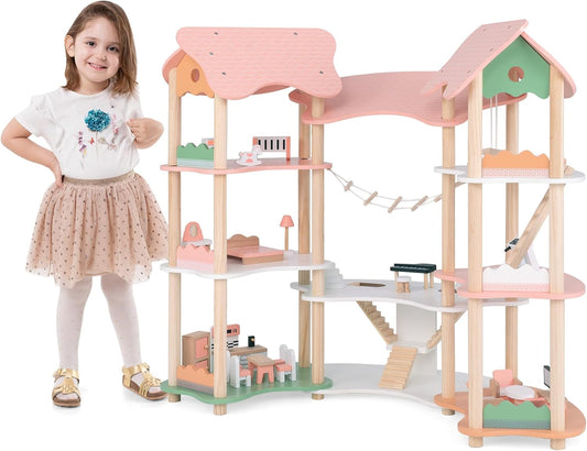 Großes Puppenhaus Holz – Spielwelt mit Brücke & 3 Etagen