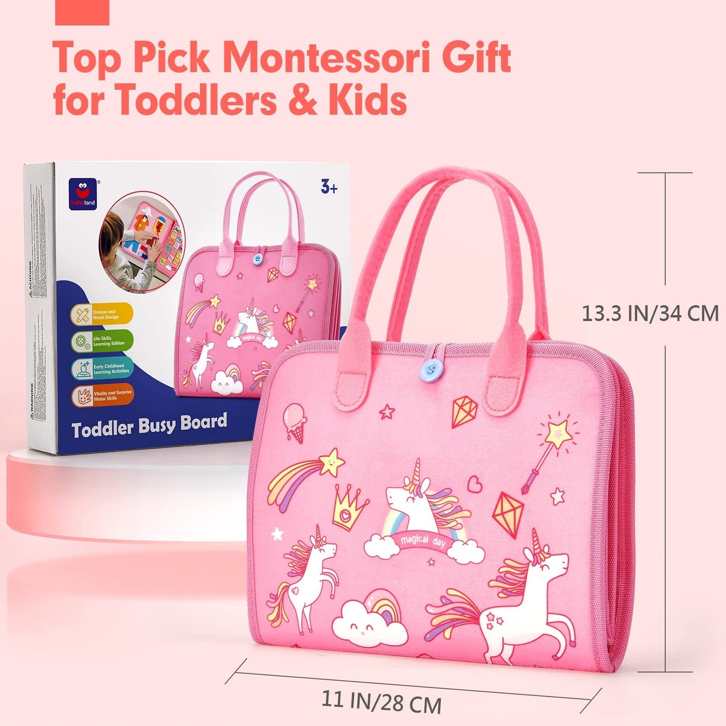 Montessori Busy Board/Quiet Book, 8 Pages – Unicorn