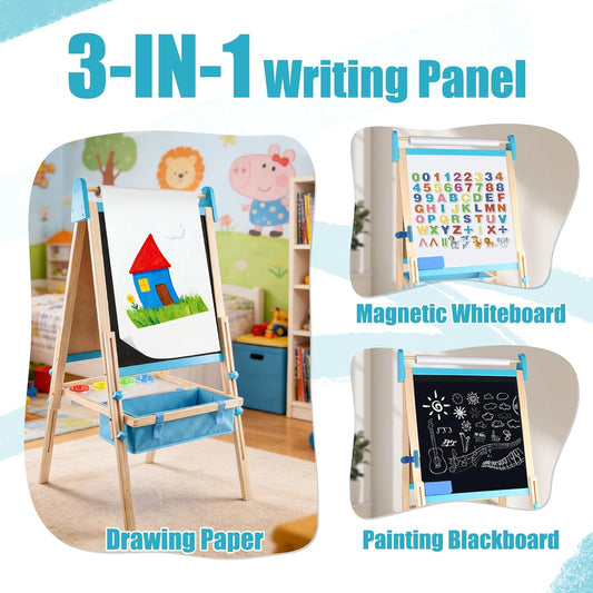 Montessori Kinderstaffelei aus Holz mit höhenverstellbarer 2-in-1 Kreidetafel und magnetischem Whiteboard inklusive Zubehör und Aufbewahrungsbox für Kinder ab 3 Jahren