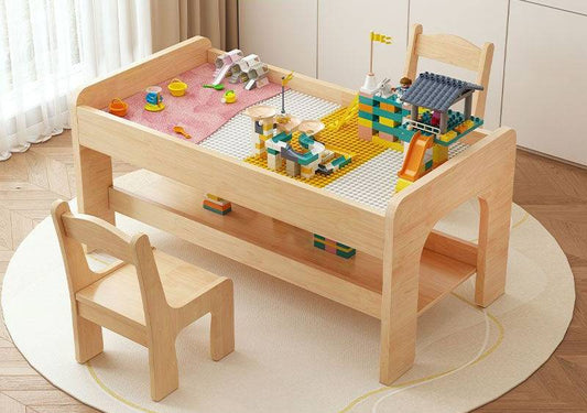 Montessori Kinder Spieltisch Holz mit Stauraum und Stühlen Bauplatte Lego kompatibel
