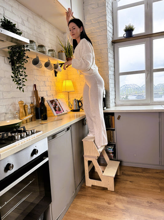 Montessori Klapp Tritthocker aus Holz 2in1 Kinderstuhl und Steighilfe stabil