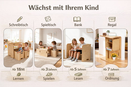 Montessori Tisch- und Stuhlset aus Holz, wandelbar als Schreibtisch, Spieltisch, Bank und Regal f¨¹r Kinder