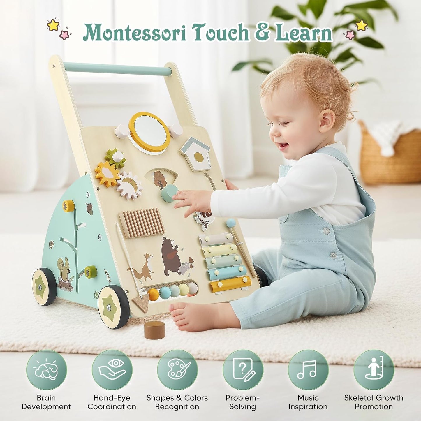 Chariot à pousser Montessori en bois – jouet 6-en-1 avec éléments de jeu