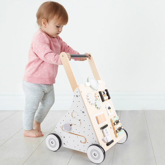 Montessori Lauflernwagen Holz Baby Motorikwagen mit Spiegel und Stauraum
