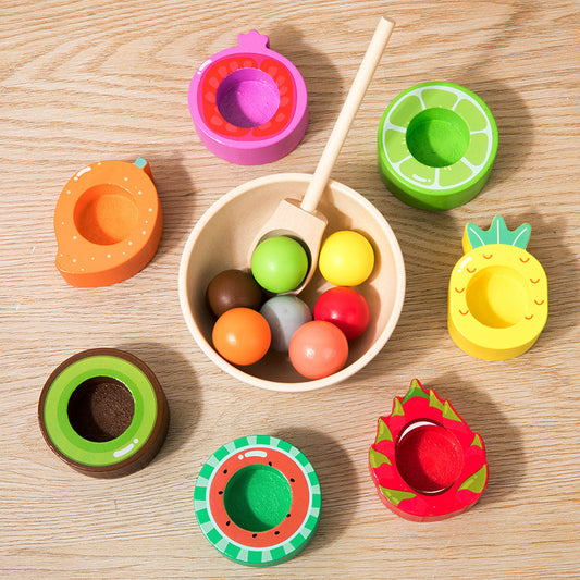 Früchte-Sortierspiel aus Holz – Becher, Kugeln & Löffel