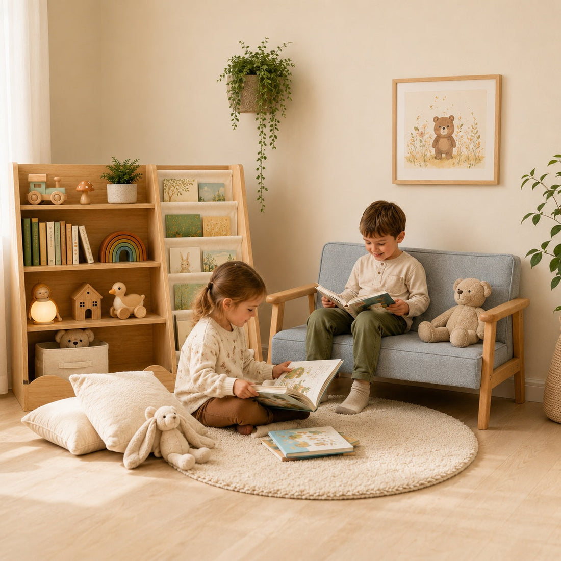 Gemütliche Leseecke für Kinder mit Bücherregal, Kindersofa und zwei lesenden Kindern