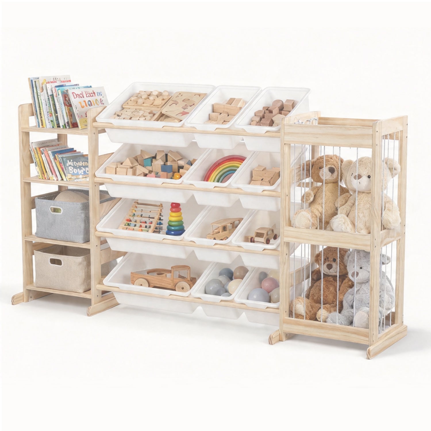 Montessori Spielzeugregal aus Holz mit Boxen, Bücherablage und Netzfach