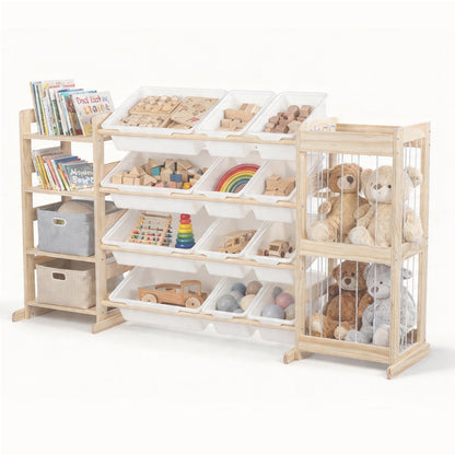 Montessori Spielzeugregal aus Holz mit Boxen, Bücherablage und Netzfach