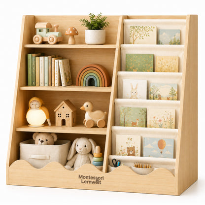 Montessori Kinderregal für Bücher und Spielzeug mit offenen Ablagen und Stofffächern