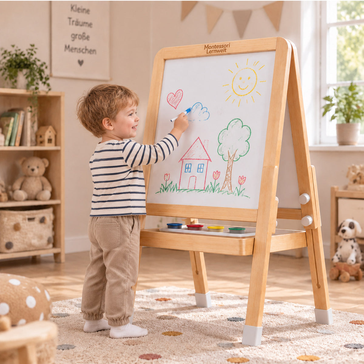 Kind nutzt die Montessori Kinderstaffelei mit magnetischer Weißwand zum Lernen und Spielen
