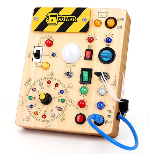 Montessori Busy Board aus Holz mit LED-Licht und Schaltern