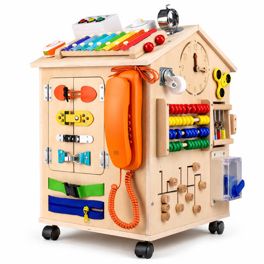 Montessori Busy House aus Holz mit 6 bespielbaren Seiten