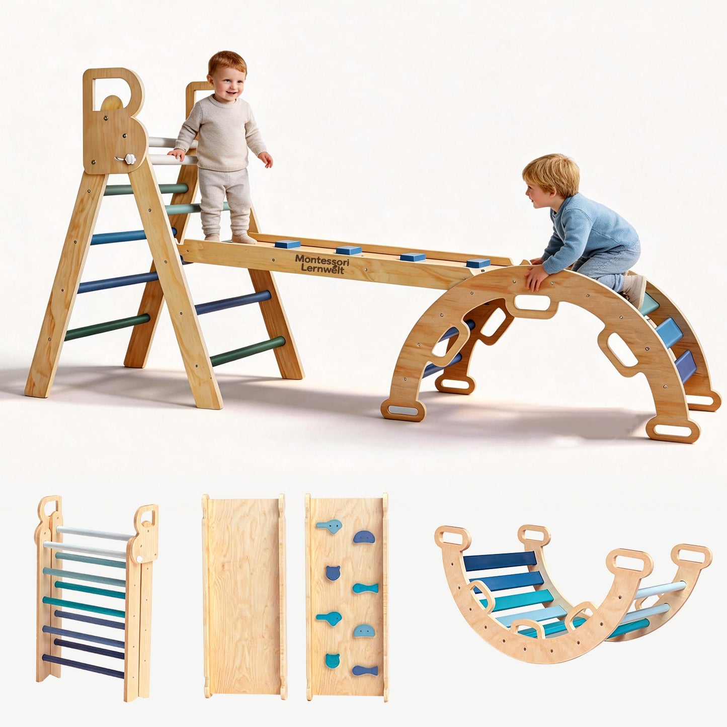 Montessori Wooden Climbing Set – Foldable Triangle & Arch Ramp