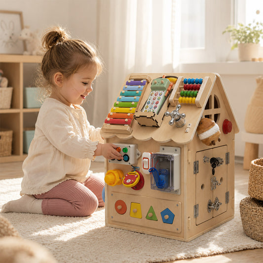 Child playing with a Montessori Busy House wooden activity toy in a cozy playroom