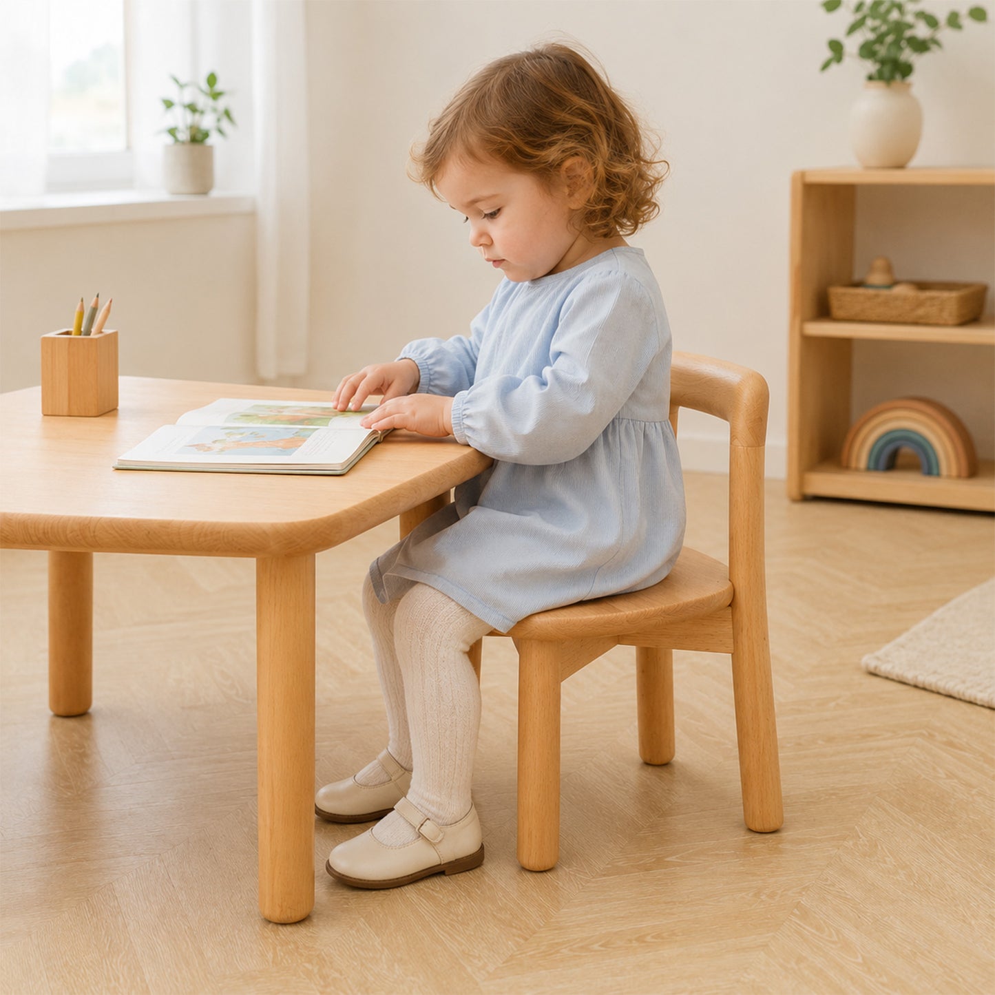 Kind sitzt auf niedrigem Holzstuhl und liest am Kindertisch