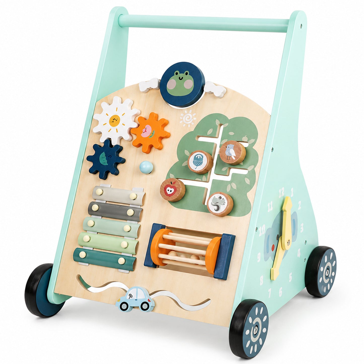 Montessori Lauflernwagen aus Holz mit Motorikspielzeug für Kinder
