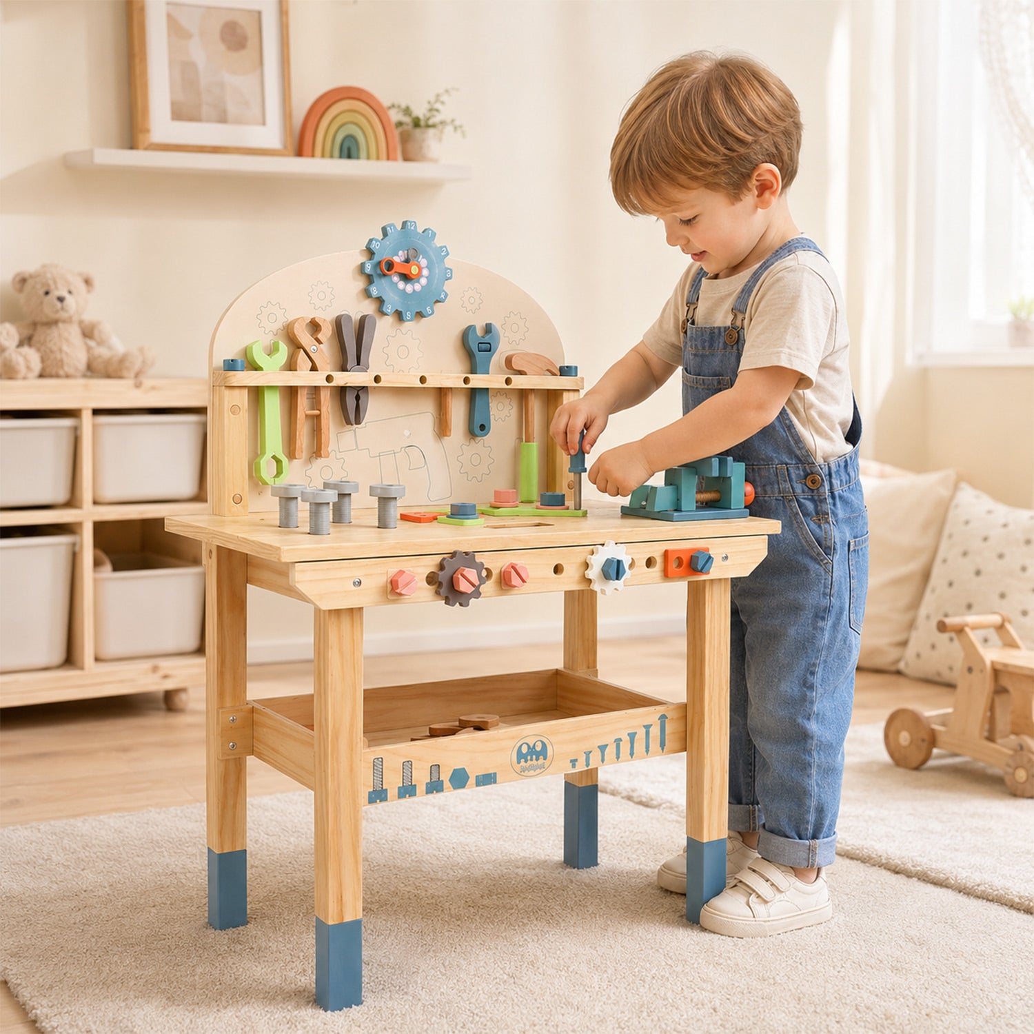 Holz-Werkbank für Kinder mit Werkzeugset, Zahnrädern und Schraubteilen