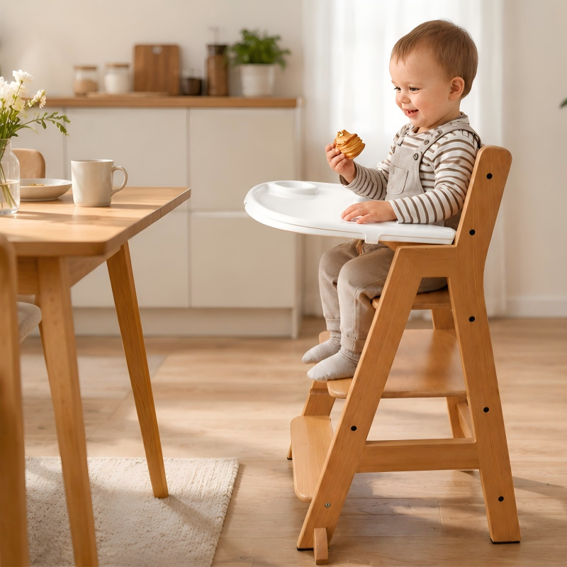 Hochstuhl aus Holz mit abnehmbarem Tablett und Sitzkissen