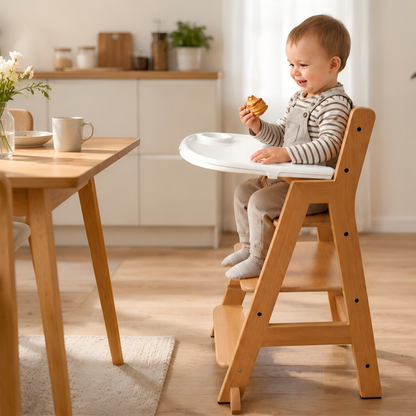 Hochstuhl aus Holz mit abnehmbarem Tablett und Sitzkissen