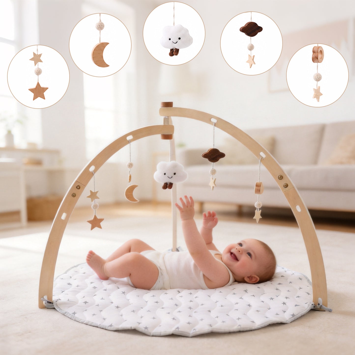 Holz Baby Gym mit Spielmatte – mit 5 Anhängern