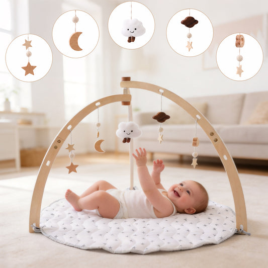 Holz Baby Gym mit Spielmatte – mit 5 Anhängern