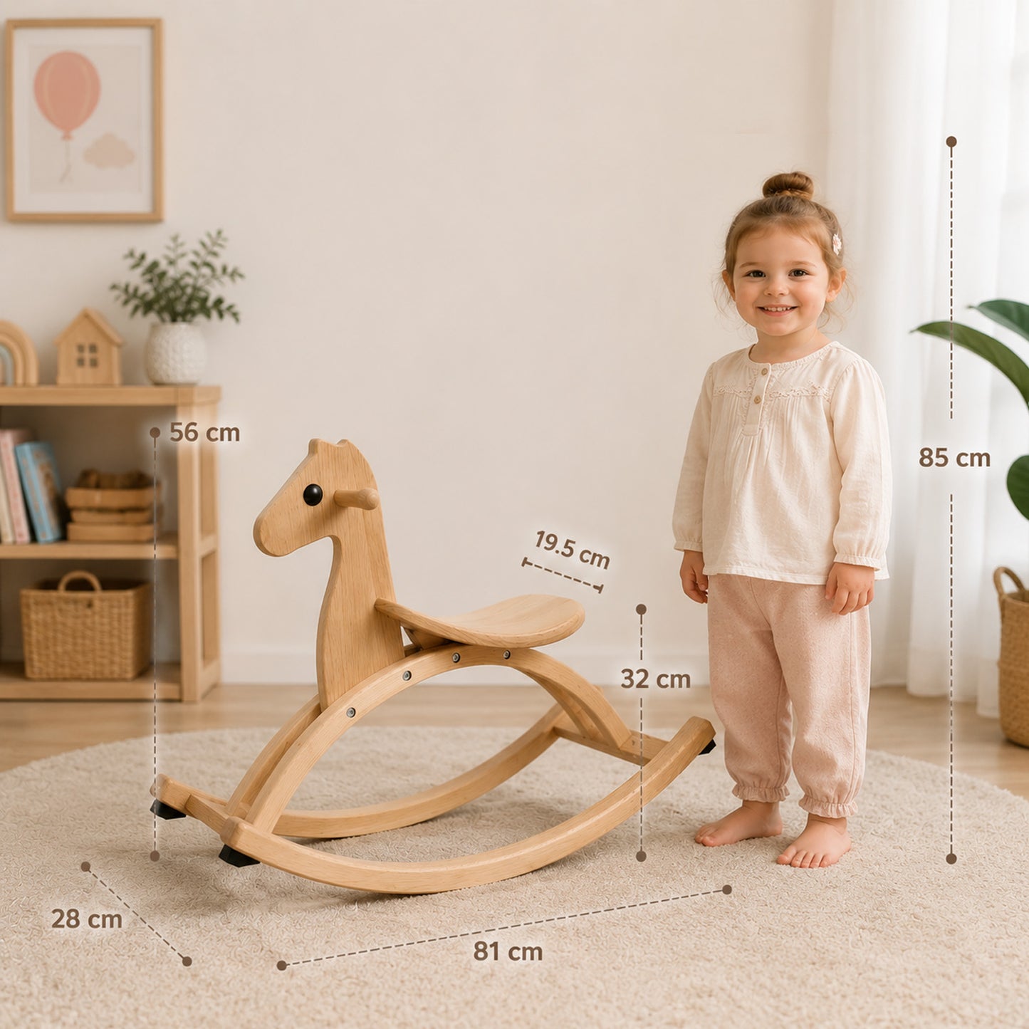Größe des Holz Schaukelpferds mit Kinder Größenvergleich