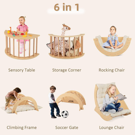 Toddler sitting in the wooden Montessori rocker with cushion
