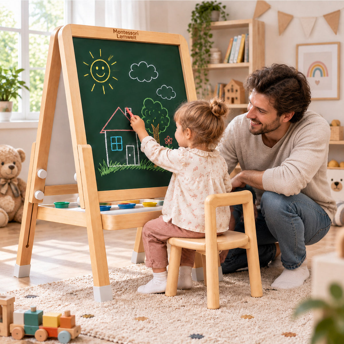 Kind nutzt Montessori Staffelei aus Holz beim kreativen Malen mit Eltern