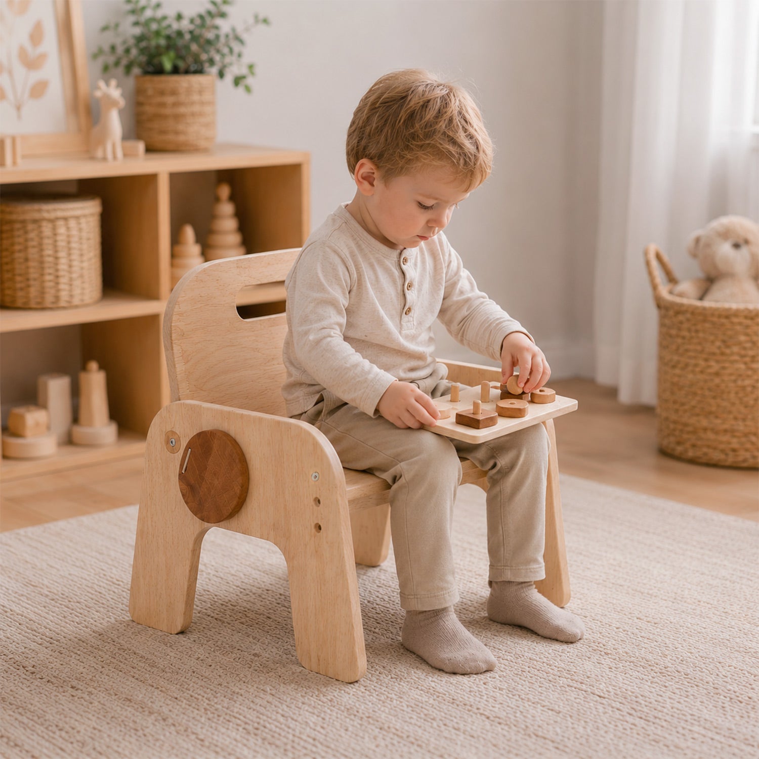 Mitwachsender Kinderstuhl aus Holz mit drei verstellbaren Sitzhöhen