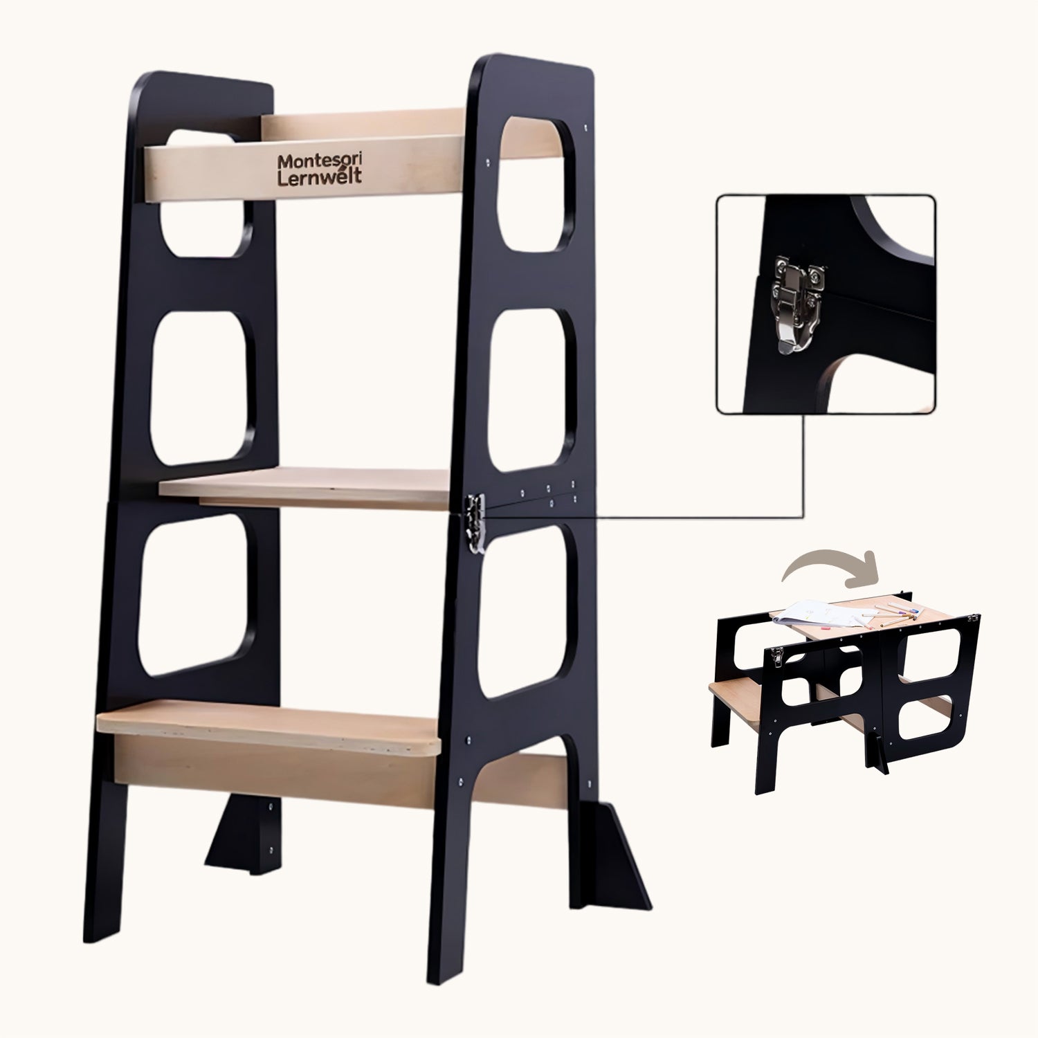Montessori Lernturm 3-in-1 in Schwarz und Naturholz mit Rutsche und Tisch in der Gesamtansicht