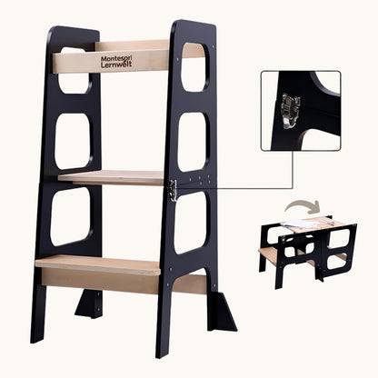 Montessori Lernturm 3-in-1 in Schwarz und Naturholz mit Rutsche und Tisch in der Gesamtansicht
