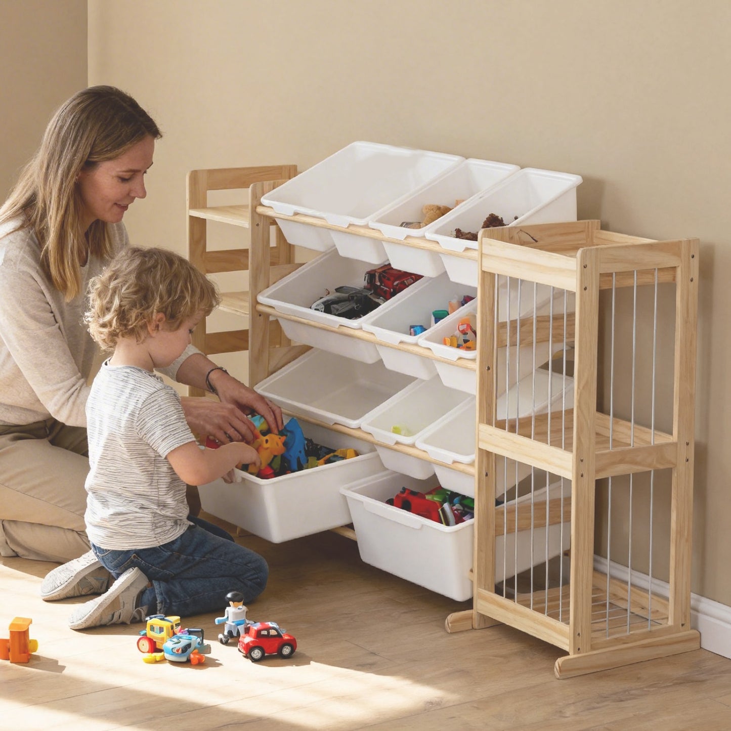 Kinder Spielzeugregal aus Holz in Frontansicht mit 4 Ebenen und Aufbewahrungsboxen