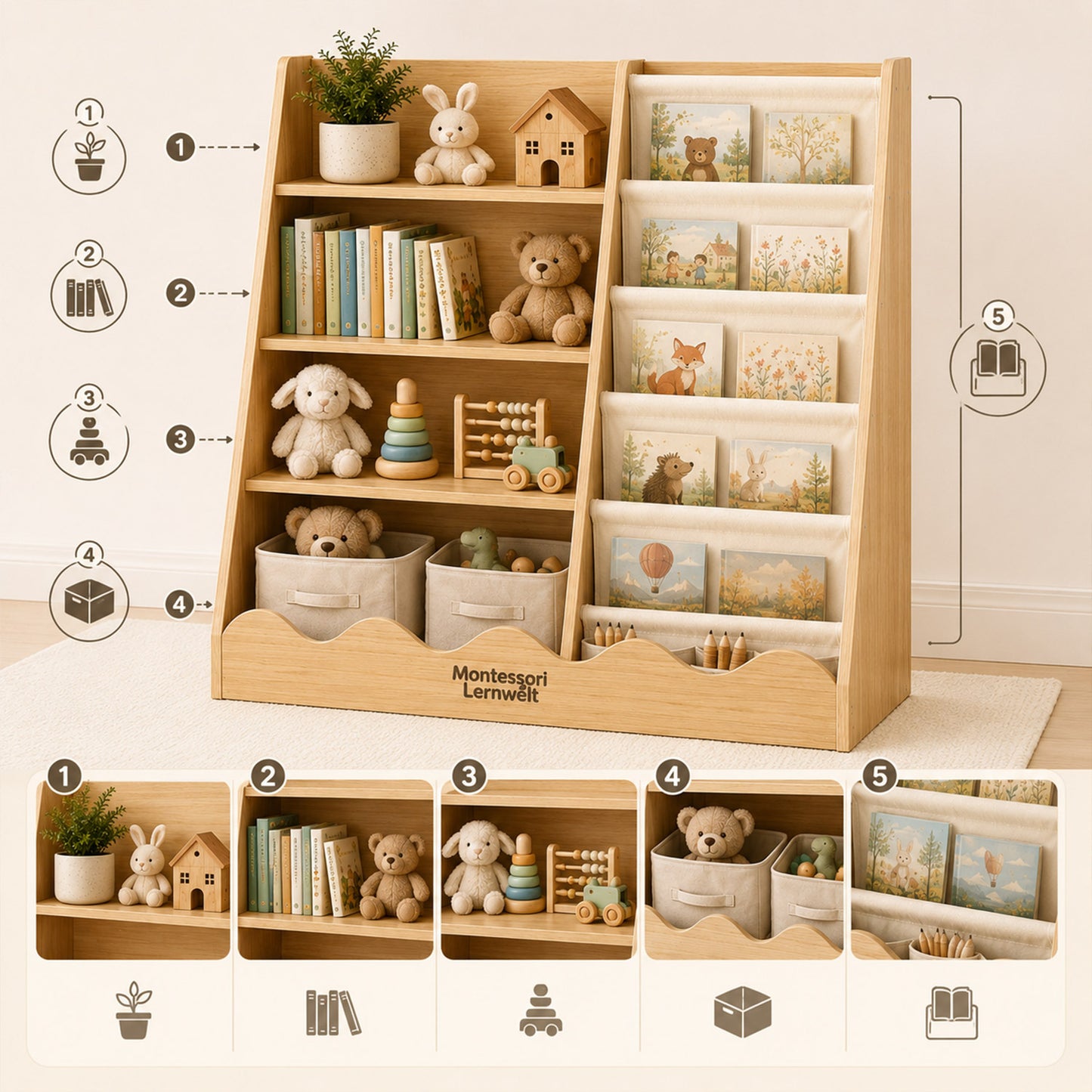 Kinderregal mit vier Aufbewahrungsebenen, großem Bodenfach und frontalem Bücherdisplay