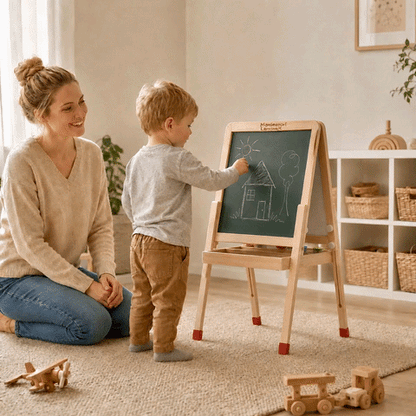 Kind nutzt Montessori Staffelei aus Holz beim kreativen Malen mit Eltern