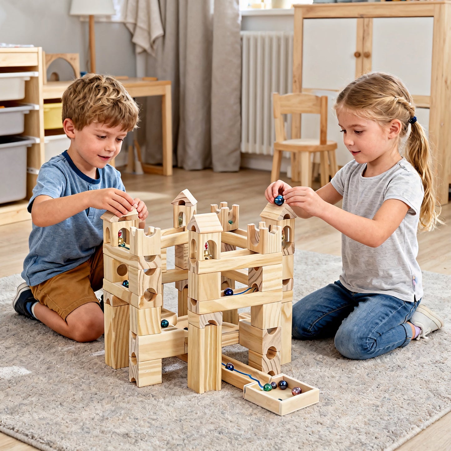 3D Murmelbahn aus Holz zum freien Bauen und Kombinieren