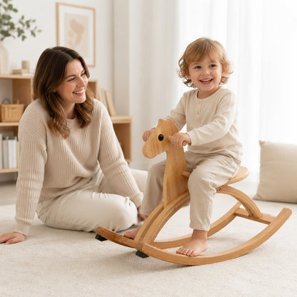 Eltern und Kind spielen gemeinsam mit einem Holz Schaukelpferd