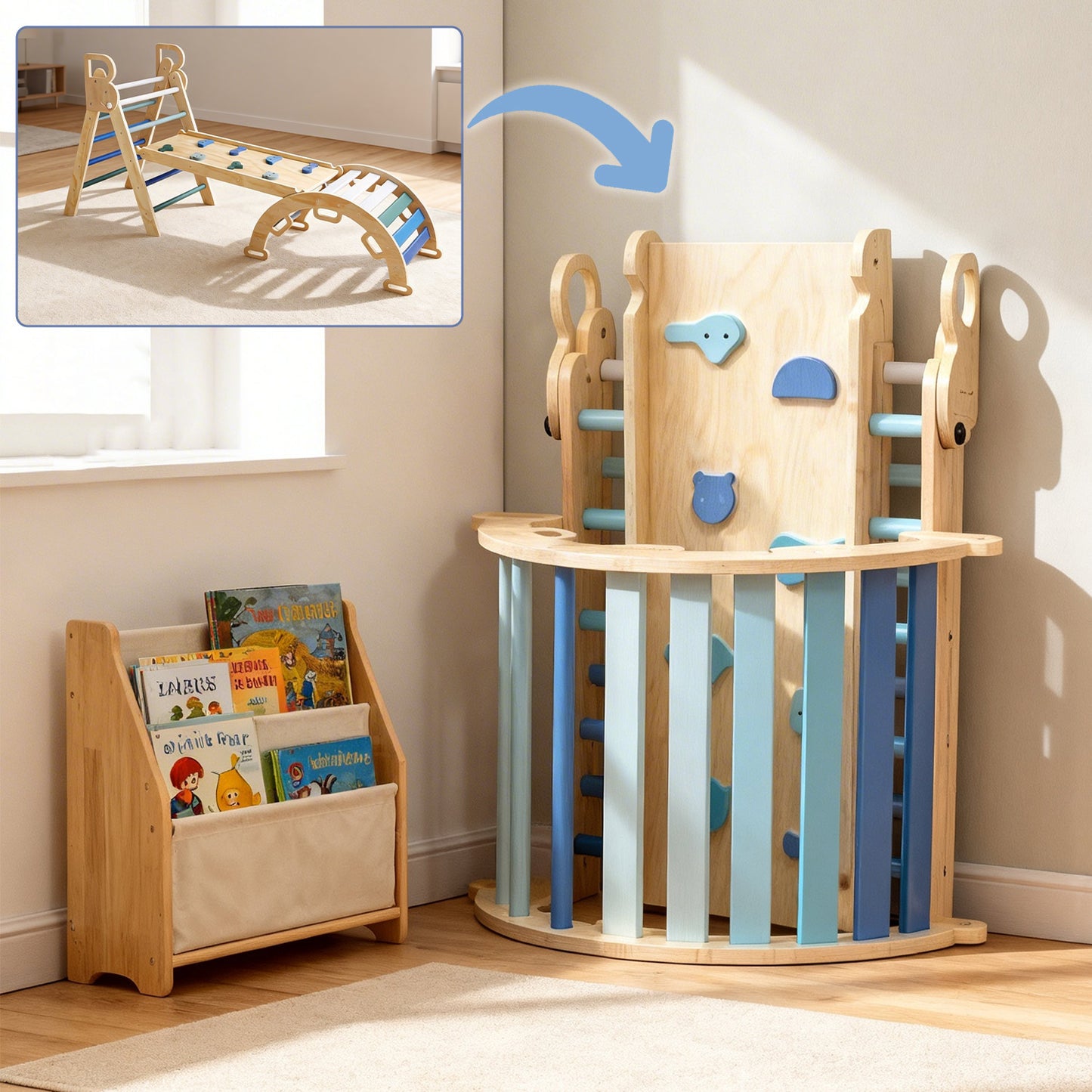Montessori Wooden Climbing Set – Foldable Triangle & Arch Ramp