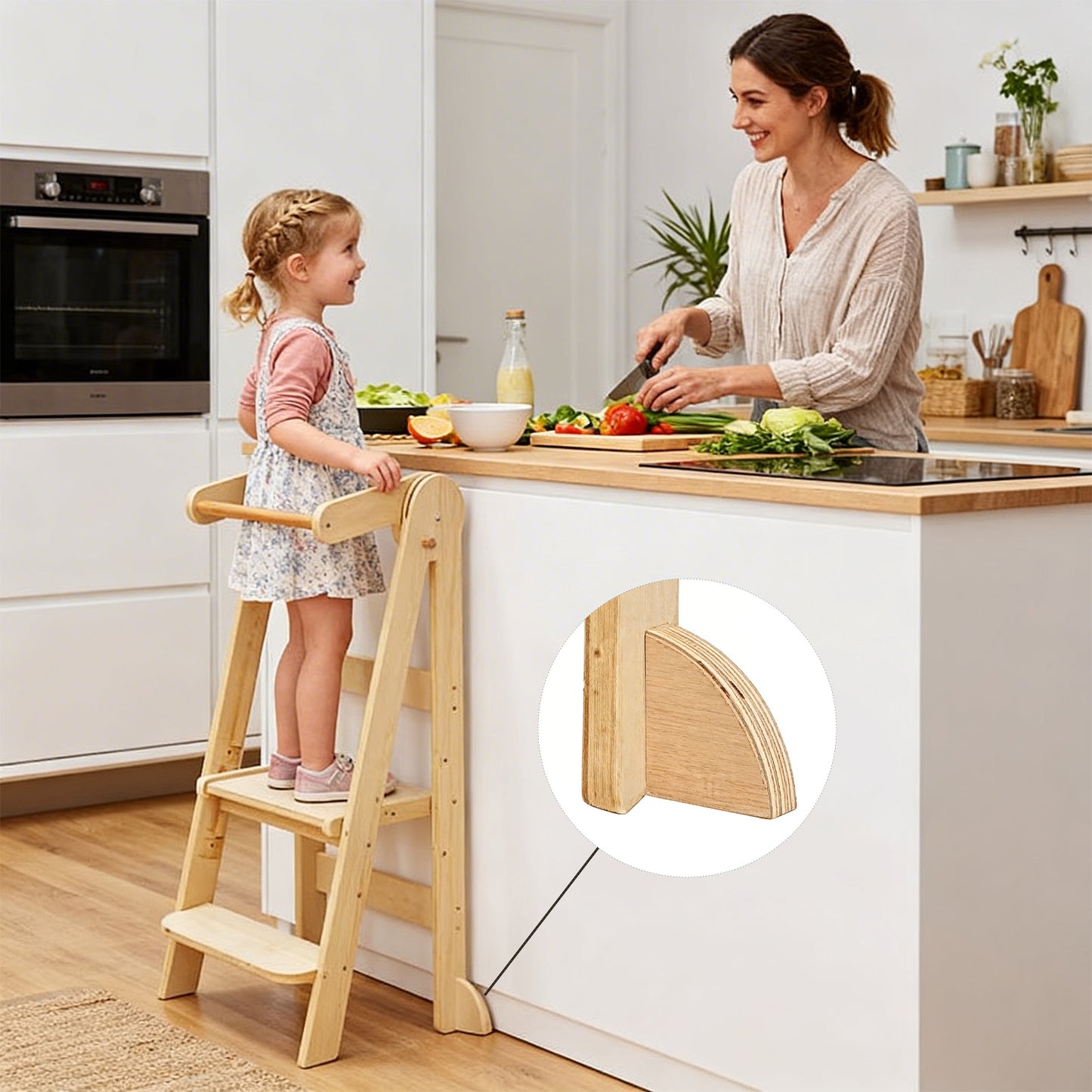Platzsparender Montessori Lernturm im zusammengeklappten Zustand