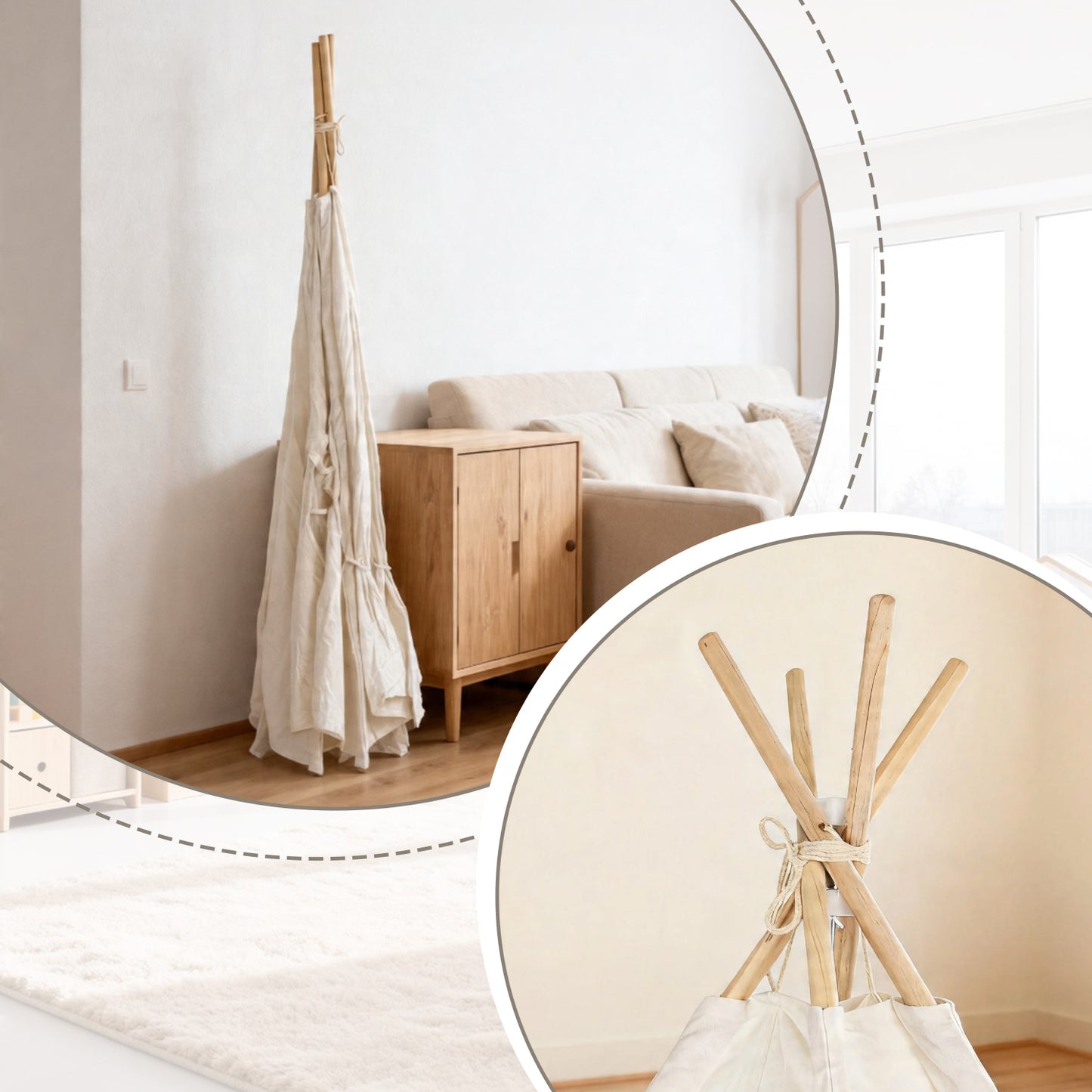 Detailansicht vom Kinderzelt mit rundem Fenster und natürlichem Design