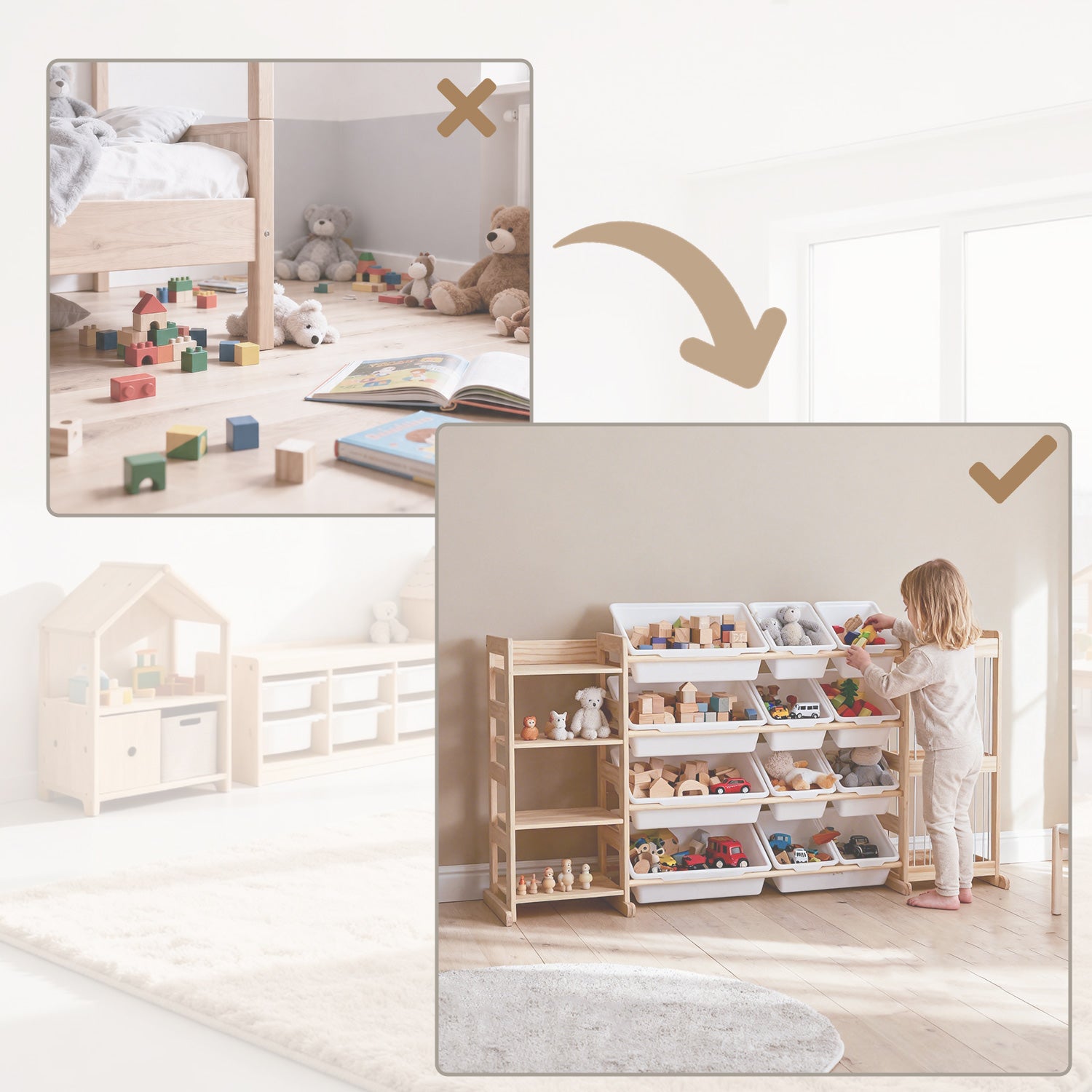 Holz Spielzeugregal für Kinderzimmer in seitlicher Perspektive
