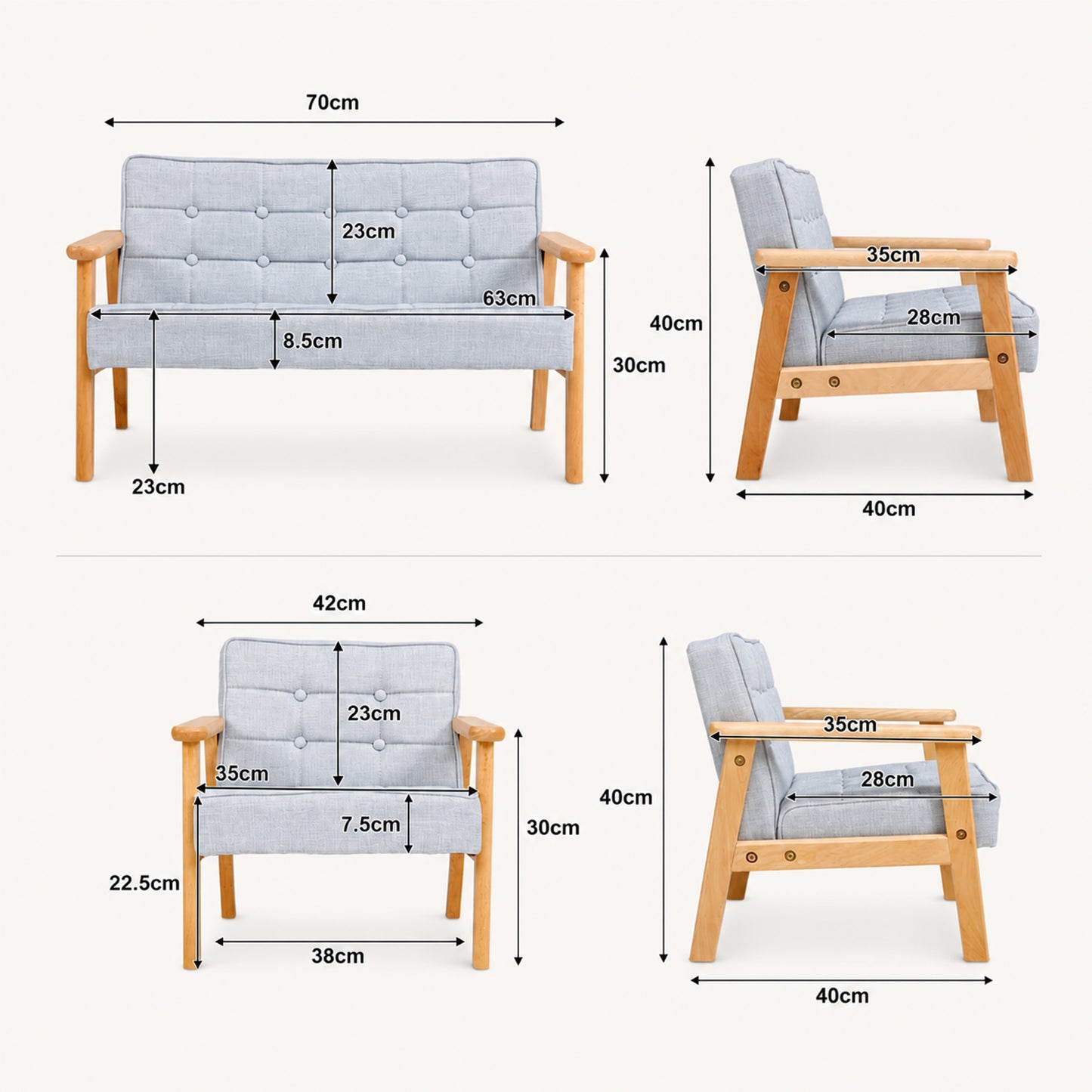Abmessungen des gepolsterten Kindersofas als 1-Sitzer und 2-Sitzer